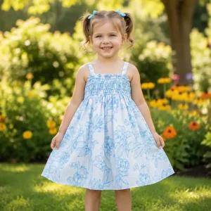 Girl Wearing White and Blue Floral Smocked Cotton Summer Dress
