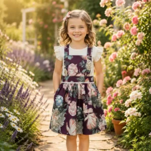 Girls Floral Pinafore Dress with White Ruffle Sleeve Top