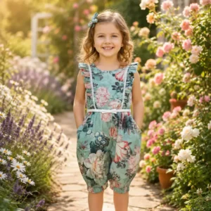 Girl Wearing Mint Green Floral Print Cotton Jumpsuit with Waist Belt