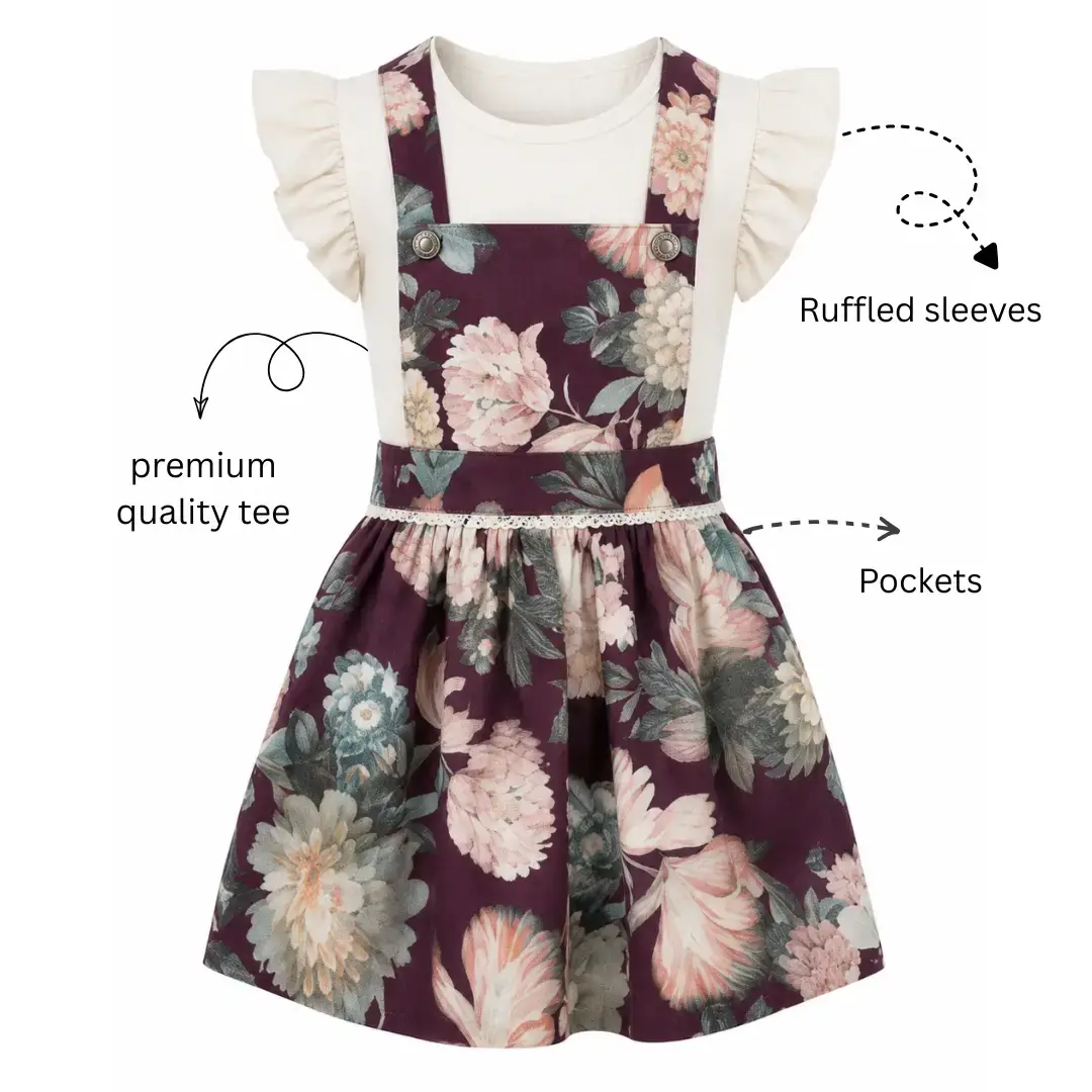Girls Floral Pinafore Dress with White Ruffle Sleeve Top